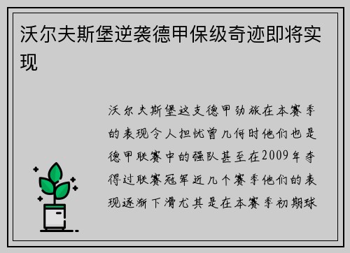 沃尔夫斯堡逆袭德甲保级奇迹即将实现