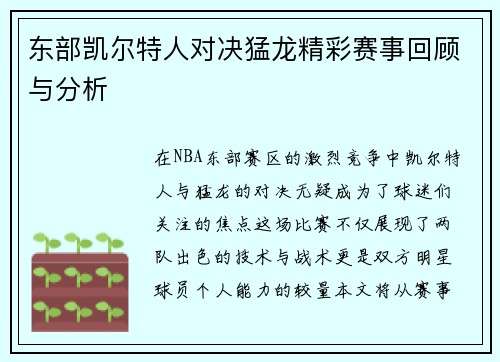 东部凯尔特人对决猛龙精彩赛事回顾与分析